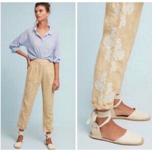 Anthropologie Womens S Jogger Pants Linen Yellow Floral Lace Applique Pockets